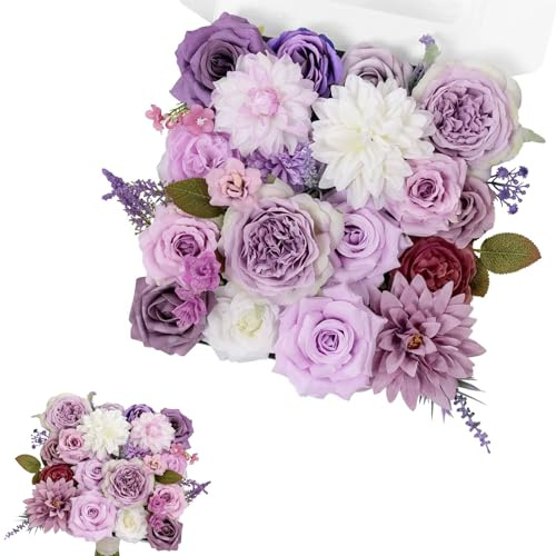 Cosiesnest Artificial Flowers Combo Purple Silk Artificial Roses Peony Flower Heads with Stems for DIY Wedding Bridal Bouquets, Baby Shower, Floral Arrangement, Table Centerpieces