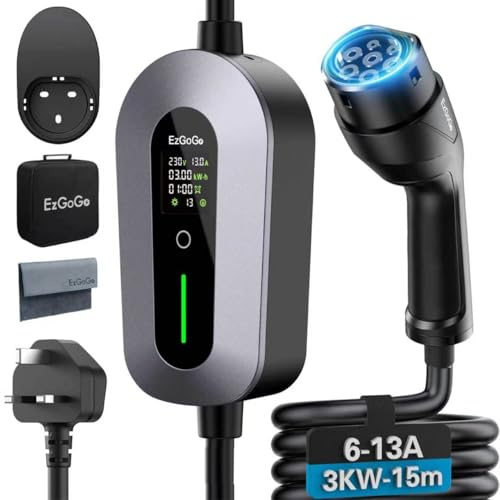 EzGoGo EV Charger Cable Type 2 to 3 Pin Plug 49.21Ft/15M Electric Car Charger 3kW, [6/8/10/13A] Type 2 Charging Cable 3 Pin EV Charger IP65 Advanced Protection Suitable for EVs & PHEVs