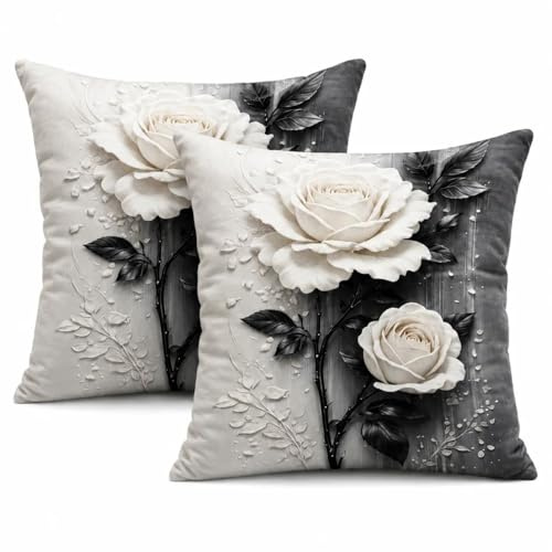 Gemdoit Kissenbezug 40x40 cm 2er Set, Elegante Rosen Kissenhüllen Schwarz Weiß, Dekokissenbezug Blumen Floral für Couch Wohnzimmer Balkon Garten