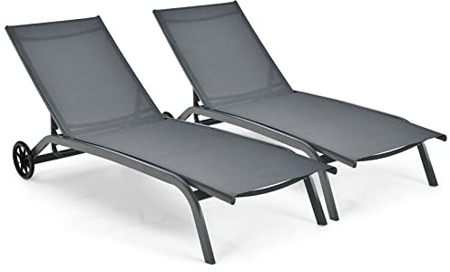 COSTWAY Tumbona de Jardín con Respaldo Reclinable, 6 Posiciones, Tumbona con Ruedas, Tela de Texileno, 164,5 x 61 x 34cm, Terraza, Balcón, Playa, Piscina (Gris, 2)