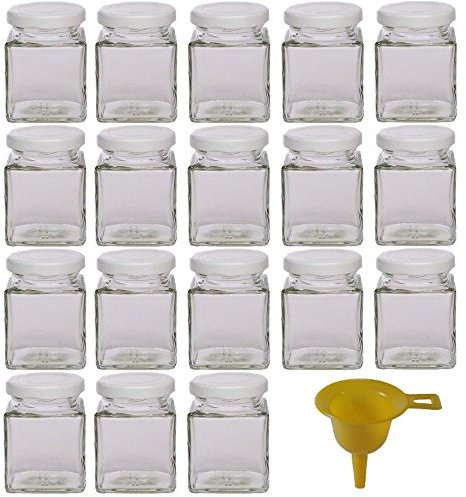 Viva-artículos de Uso doméstico - 18 tarros de Mermelada pequeños 106 ml con Tapa de Color Blanco/para confituras, Especias, Sales, aceites - Incluye Embudo
