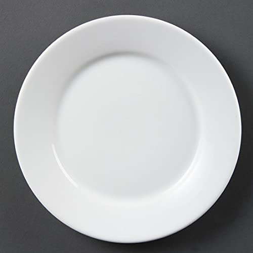 Olympia Wide Rimmed Porcelain Plates 230mm, White, Pack of 12 | Stackable storage option with strengthened rolled edges for chip resistance; oven, freezer, microwave and dishwasher safe.