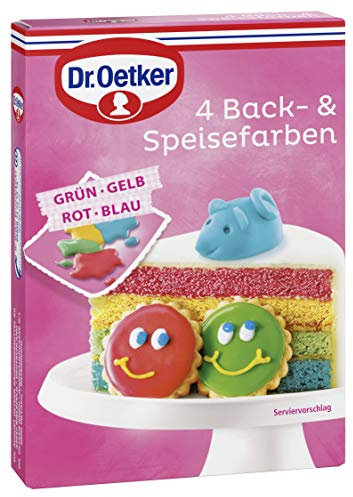 Dr. Oetker 4 Back- und Speisefarben, 17 x 4 x 20 g, Lebensmittelfarben (rot, blau, gelb & grün), zum Dekorieren und Verzieren von diversem Gebäck & Desserts, wiederverwendbar