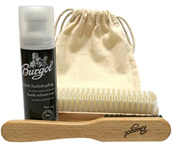 Burgol Schuhputzset für Nubuk und Wildlederpflege Profi Schuhpflegeset für Raulederschuhe mit Bronzedrahtbürste, Lamellenbürste, Nubuk Lederpflege und Baumwollbeutel zur Aufbewahrung