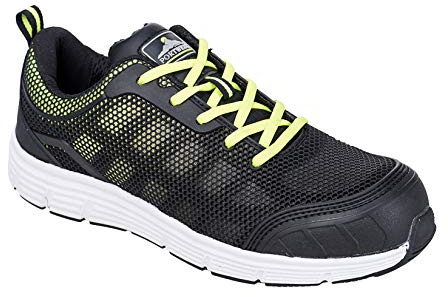 Portwest FT15 Steel Textile Trainer KPU/ Mesh Lace-Up Fastening Lightweight | Black/Green, 10.5, S1P EN ISO 20345, CE Certified, Anti-Static Footwear, Slip Resistant Outsole, Durable, Flock Lined