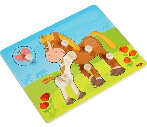 HABA 303771 - Greifpuzzle Pferdefamilie, 6-teiliges Holzpuzzle mit Pferdemotiven und großen, griffigen Holzknöpfen, Holzspielzeug ab 12 Monaten