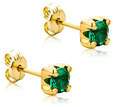 Orovi Damen Goldschmuck mit Edelstein Solitaire Ohrstecker mit Smaragd in Krappenfassung/Gelbgold 9 Karat (375) / Grüner Edelstein, Geburtsstein, rund