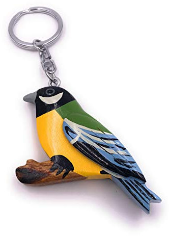 H-Customs Meise Vogel bunt Ast sitzend Holz Edel Handmade Schlüsselanhänger Anhänger