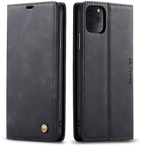 QLTYPRI Hülle für iPhone 11 Pro Max, Vintage Dünne Handyhülle mit Kartenfach Geld Slot Ständer PU Ledertasche TPU Bumper Wallet Case Flip Schutzhülle Kompatibel mit iPhone 11 Pro Max - Schwarz