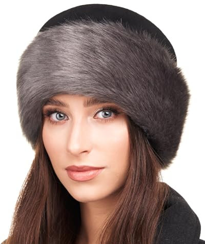 Futrzane Classic Mütze mit Fellrand - Pelzmütze Damen - Fell Pelz Russenmütze (S, Schwarz - Grau Kurze Classic)