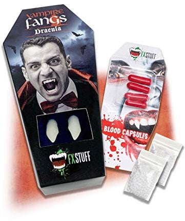 FXSTUFF Dracula Halloween Vampire Teeth + Artificial Blood Capsules + Moulding Compound (Reusable), Vampire Teeth Suitable for Horror Costume Assecoires, Creepy for Twilight, Zombie, Monster, Devil