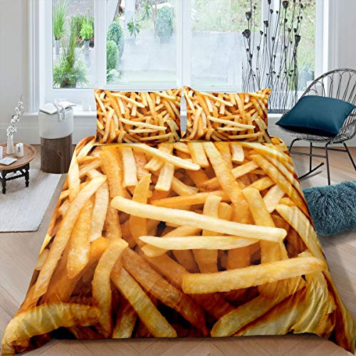 Kinderzimmer Pommes Frites Bettbezug Fried Food Tröster Bezug für Junk Food Liebhaber Golden Potato Chips Bettwäsche Set Fast Food Print Bettbezug mit 1 Kissenbezug 135x200 Schlafzimmer Dekoration