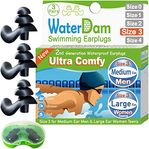 WaterDam Schwimm-Ohrstöpsel, wasserdicht, ultra-bequem, verhindern das Ohr des Schwimmers (Größe 3 + 3 + 3: mittlere Ohren für Männer und große Ohren, Teenager, Damen, Schwarz, Schwarz)