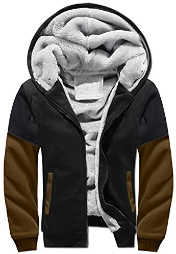 LEZUAN Felpa con Cappuccio Uomo Inverno Caldo Hoodie con Cerniera Integrale Felpe Uomo Manica Lunga Pullover Giacca di Spessore Cappotto in Pile Foderato(Nero caffè,S)