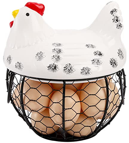 AVLA Chicken Egg Basket, Black Wire Egg Collection Baskets with Ceramic Lids for Gathering Fresh Eggs, Chicken Egg Holders, Countertop, Decorative