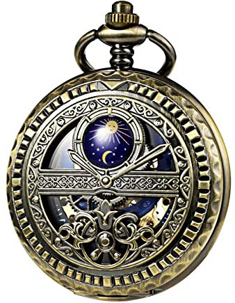 TREEWETO Mechanische Herren Taschenuhr, Sonne und Mond, Skelett, römischen Ziffern, Taschenuhren mit Kette für Herren, Bronze