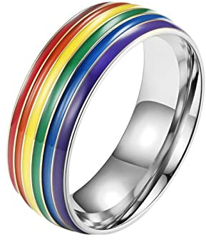 KnBoB 8MM Verlobungsringe Edelstahl, Silber Gayer Regenbogen Ring Verlobungsring für Herren Größe 65 (20.7)