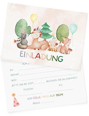 Essi's Stoff Boutique 10er-Set Waldtiere Einladungskarten - Wald Kindergeburtstag - inkl. Umschläge