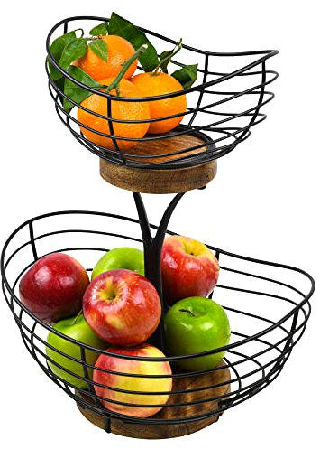 Modern Farmhouse 2 Tier Fruit Basket for Kitchen Counter, Vintage Wire and Wooden Base Fruit Bowl / Stand for Kitchen countertop Decor - Double Tree Fruit & Vegetables Basket