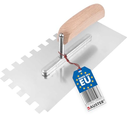 BAUSTER® Edelstahl Glättkelle 270 x 130 mm Zahnkelle zum Verlegen Glättscheibe Traufel Robust Edelstahlkelle mit Holz griff unentbehrlich beim Fliesen Fliesenzubehör (12x12 mm)