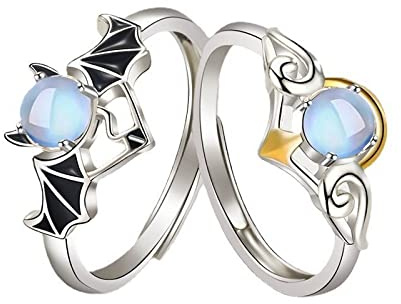 Angel And Devil's Wings Paarring Damen Mondstein Verstellbarer Offener Finger Herrenring Schmuck,RI22Y0415-3-4