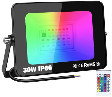 RIGIDON 1x 30W RGB LED Strahler Mit Fernbedienung, 3000LM RGBW Farbwechsel Flutlicht, 16 Farben 4 Modi Dimmbar Fluter Lampe Für Party Garten Baum Landschaft, Disco Feiern, Außen Wasserdicht IP66