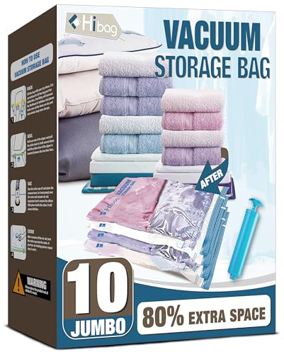 HIBAG Vacuum Storage Seal Bags, 10 Jumbo Space Saver Vacuum Sealer Bags for Clothes, Comforters, Blankets, Bedding (10J)