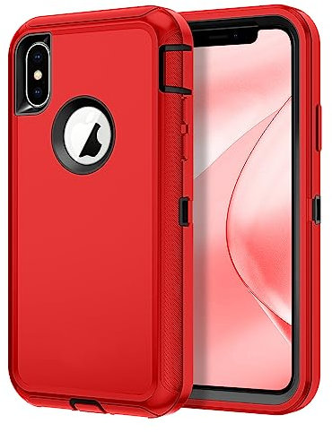 Hucasok for iPhone X Case/iPhone Xs Case Shockproof Rugged Full Body Protection Heavy Duty Dust/Drop Proof 3-Layer Durable Cover Case for Apple iPhone X/XS 5.8 Inch,Red/Black