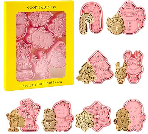 Christmas Cookie Cutter, 8 Pcs Christmas Biscuit Cutters, 3D Pressable Christmas Cookie Stamp-Gingerbread Man, Reindeer, Snowman, Cane, Snowflake, Christmas Tree, Santa for Cookie Baking