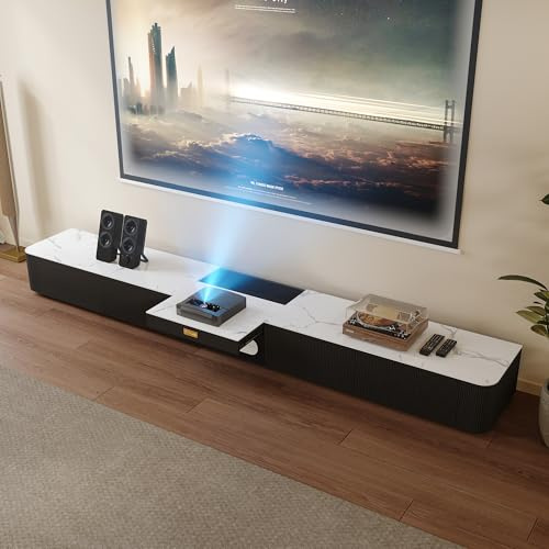 POVISON Supporto TV Moderno 200cm, Mobili TV Bianco e Nero in Pietra Sinterizzata, Mobile per Soggiorno con Cassetto e Ripiano Estraibile, Nessun Montaggio Richiesto, 200 * 45 * 28cm