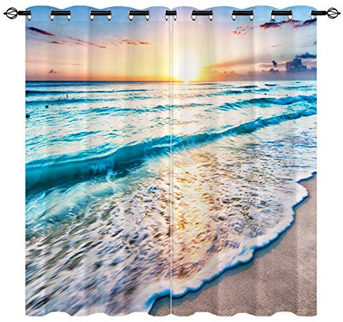 YUANZU Strand Ozean Vorhänge Tropisch Sonnenuntergang Ösen Gardinen mit Blickdichte Thermo Vorhang Kälteschutz Blackout Curtain Wohnzimmer Schlafzimmer Verdunkelung Fenster, 2 Stück, H 245 x B 140 cm