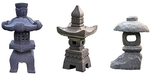 IDYL 3er Set | Stein-Laterne Lampe Yukimi Lavastein verschiede Ausführungen Höhe 50 cm + Lavastein-Skulptur Laterne Pagoda 55 cm + Lava-Stein Laterne Naturlaterne 50 cm | Gartendeko Naturprodukt