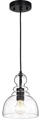 ZETION Matte Black 1-Light Decanter Seeded Glass Pendant,Farmhouse Kitchen Pendant Lighting with Handblown Clear Seeded Glass Shade, Adjustable Cord Mini Bubble Glass Ceiling Light Fixture,10inch,