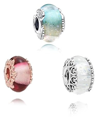 Amuefer 3 Stück Murano Glass Spacer Charms für Armbänder 925 Sterling Silber mit Cubic Zirkonia Anhänger für Halsketten Geburtstag Weihnachten Schmuck Geschenke für Frauen Mädchen