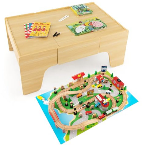 Maxmass Wooden Train Track Set, Kids Railway Play Table with 100 Pieces Toy and Rolling Storage Drawer, City Train Activity Playset for 3+ Years Old (84PCS, 97 x 63 x 40 cm)