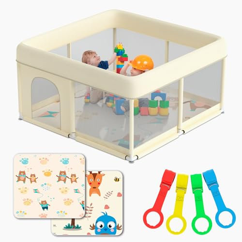 JUPPLIES Parque Infantil Bebe 120x120cm + Alfombra Bebe + 2 Agarraderas – Corralito Bebe con Malla Transpirable – Parque de Juegos Bebe Plegable con Puerta Lateral – Playpen Bebe - (Beige)