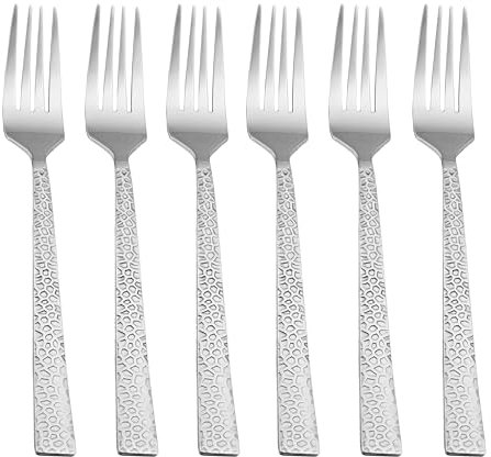 Herogo Fork Set of 6, Stainless Steel Dinner Fork Set, Table Fork with Hammered Square Handle, Ideal for Home, Hotel, Restaurant, Durable & Dishwasher Safe, Metal Silver (20 cm)