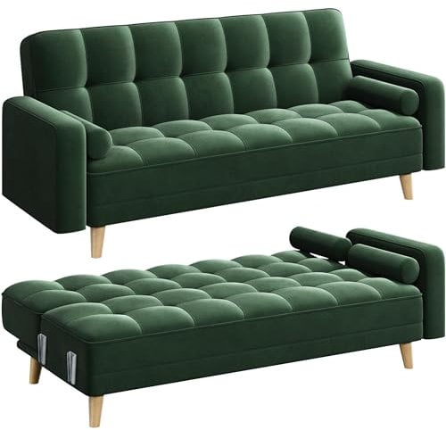 Yaheetech Modern Velvet Sofa Bed 3 Seater Click Clack Sofa Settee Recliner Couch with Wooden Legs for Living Room/Guest Room/Office Green