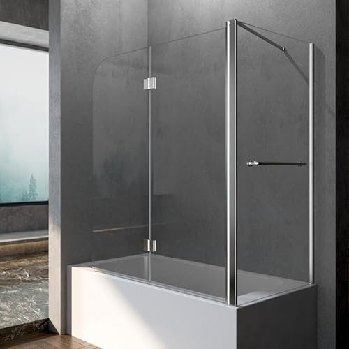 Badewannenfaltwand 2-teilig Duschwand für Badewanne mit seitenwand 80 cm x 120 cm x 140 cm Faltbar Badewannenabtrennung 6 mm Sicherheitsglas, NANO-Glas, mit Handtuchhalter