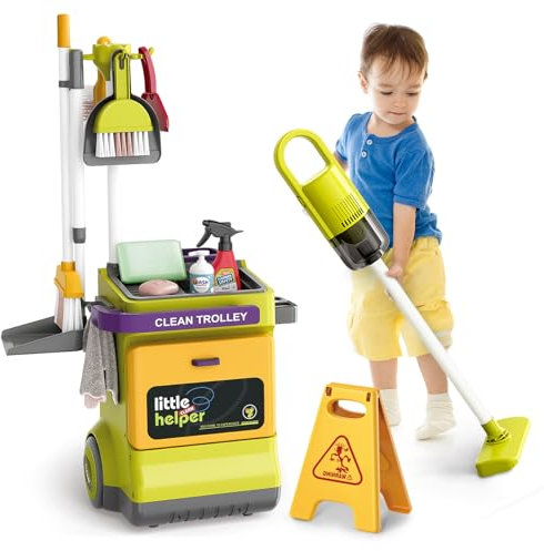 JONRRYIN Putzwagen für Kinder, Besenwagen Kinder mit Handstaubsauger mit Saug- und Soundfunktion, Kinder Besen Set mit Mop, Kehrschaufel, Reinigung Spielzeug Rollenspiel für Jungen und Mädchen