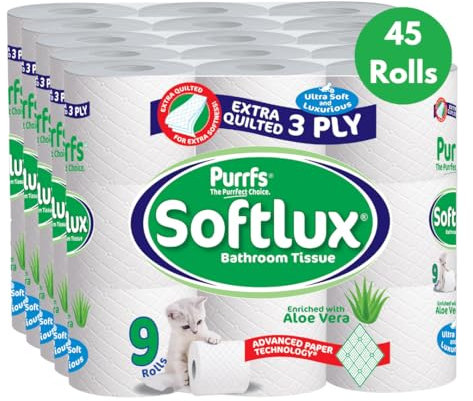 Purrfs Softlux 3ply Luxury Quilted Soft Toilet Rolls 9 Rolls (Aloe Vera, 45 Rolls)
