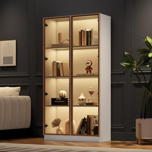 Merax Glasvitrine mit LED-Lichtern, doppeltürige Vitrinenschrank Weiß mit viel Stauraum, Modern Sammlervitrine mit verstellbaren Einlegeböden, Bücherschrank Standvitrine für Wohnzimmer Büro Esszimmer