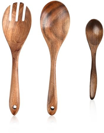 DHSBGWSX Set di 3 Cucchiai e Forchette, Padelle Antiaderenti, Utensili in Legno per Insalata e Cucina, Set da Portata