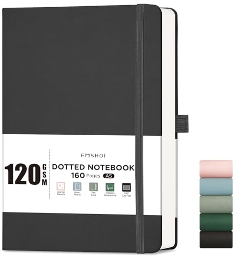 EMSHOI A5 Notizbuch, Hardcover, gepunktetes Tagebuch, 160 Seiten, 120 g/m², Schwarz