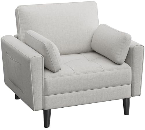 Yaheetech Fauteuil de Salon Moderne avec Accoudoir et Poches Chaise Relax avec Coussins Cadre en Bois Fauteuil Chambre en Tissu pour Salon Grège