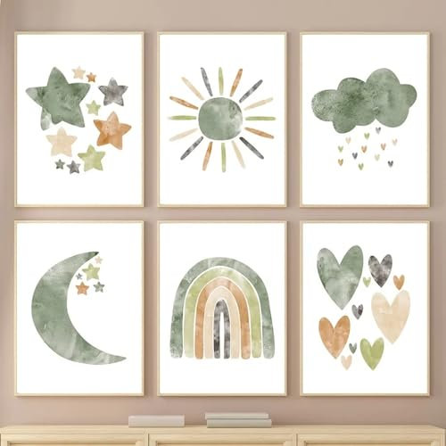 Youihom 6 Bilder Kinderzimmer Jungen Grün Bilderwand Set Boho Poster Babyzimmer Regenbogen Wandposter Mond Sonne Wolke Sterne Liebe Wandbilder Leinwand 21x30 cm ohne Rahmen