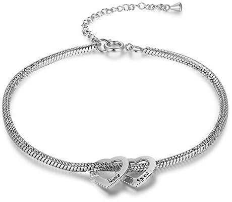 Grovjewfit Bracelet De Cheville Pour Femme Personnalisé Avec Gravure 2 à 6 Noms Pendentif De Cœur Acier Inoxydable Réglable Cadeaux d'anniversaire De Noël Pour Petite Amie Mère (2 noms)