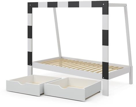VitaliSpa Kinderbett 80x160 cm Fußballtor mit Schublade - Weiß/Schwarz 178x143x88 cm hergestellt aus Holz - Jugendbett ideal für kleine Fussballfans, mit origineller Formgebung