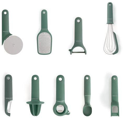 CREATE/Pack de 9 utensilios de cocina verde sage/Pelador de fruta y verdura, cuchara para helado, batidor de mano, rallador, exprimidor, cortador de pizza, abridor, prensa para ajos