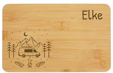 Laserfaktur Personalisiertes Frühstücksbrettchen 'Camper I' | Bambus Schneidebrett | 22 x 14 cm | Braun